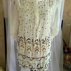 I. Madeline Sequin Embellished Blouse. Small. NWT. White with blue, tan sequins.